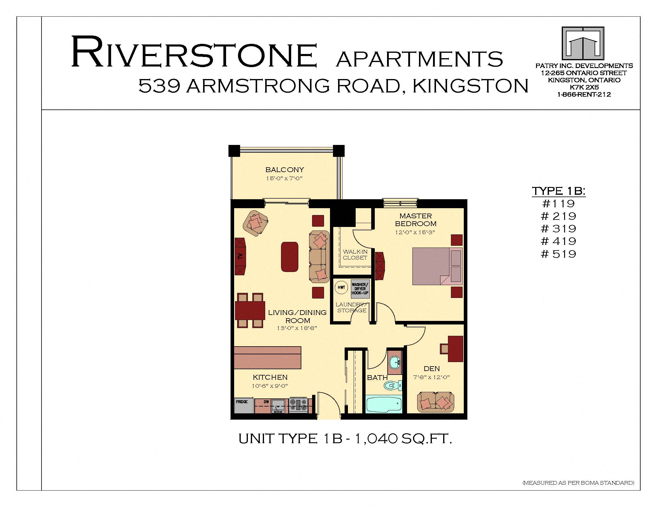 Floor plan for 1 bed, 1 bath, 1040 sqft